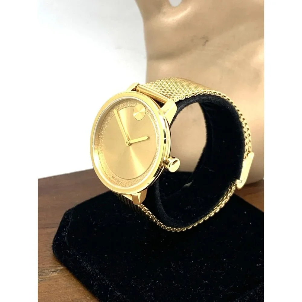 Movado Women's Watch 3600580 Bold Gold Dial Swiss Quartz Steel Mesh Band 34mm